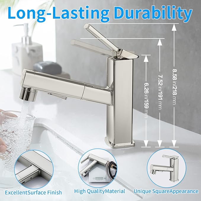 HANLIAN Single Hole Bathroom Pull Out Faucet with Rotating Spout, One Handle Faucet for Bathroom Sink, Modern Bathroom Faucet with Pull Down Sprayer, 3 Modes Vanity Faucets (Brushed Nickel, Regular)