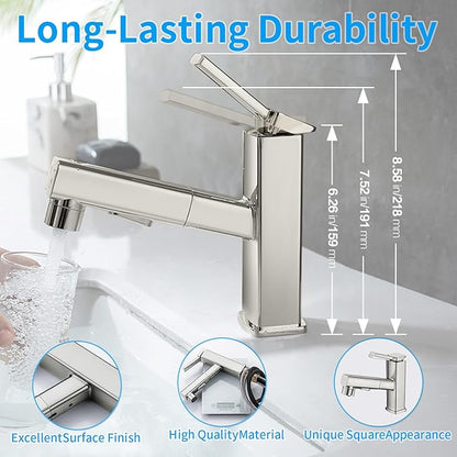 HANLIAN Single Hole Bathroom Pull Out Faucet with Rotating Spout, One Handle Faucet for Bathroom Sink, Modern Bathroom Faucet with Pull Down Sprayer, 3 Modes Vanity Faucets (Brushed Nickel, Regular)