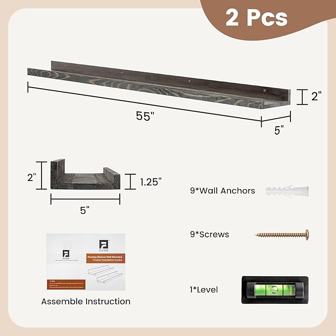 FLYJOE Picture Ledge Shelf, Floating Shelves Set of 2, Solid Pine Wood 55'' Long Large Nursery Book Shelves for Toys Storage, Kids Bookshelf for Living Room Bedroom Decor Books Photo Frames, Grey