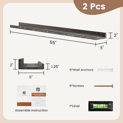 FLYJOE Picture Ledge Shelf, Floating Shelves Set of 2, Solid Pine Wood 55'' Long Large Nursery Book Shelves for Toys Storage, Kids Bookshelf for Living Room Bedroom Decor Books Photo Frames, Grey