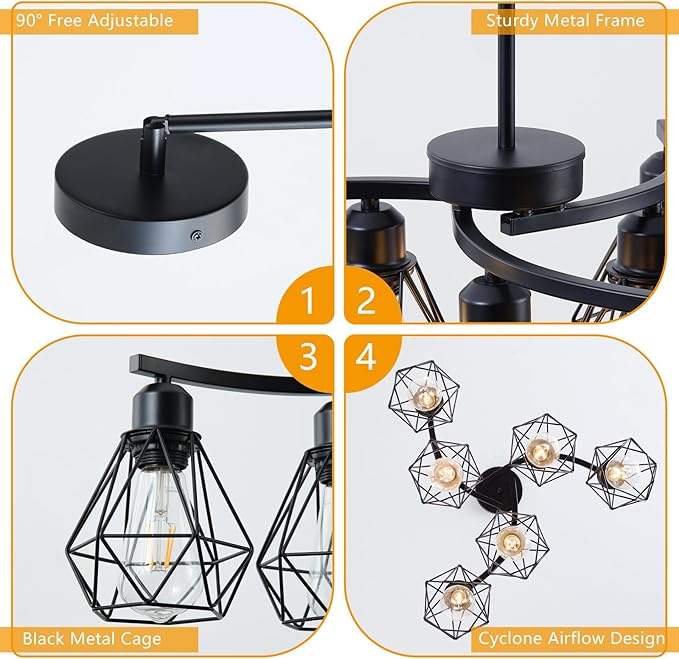 6-Light Black Chandelier,Farmhouse Chandeliers for Dining Room Light Fixtures Over Table,21.7" Industrial Hanging Pendant Lighting with Metal Cage Shade for Kitchen Island Entryway Foyer Bedroom