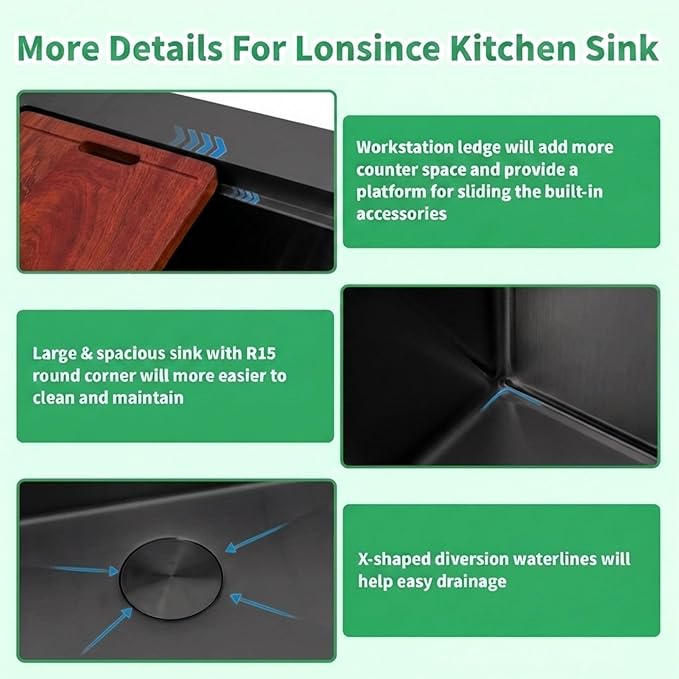 Black Drop In Kitchen Sink 36" X 22",Top Mount 16 Gauge Stainless Steel Workstation Sink,Deep & Large Single Bowl Kitchen Sinks (Black, 36" X 22")