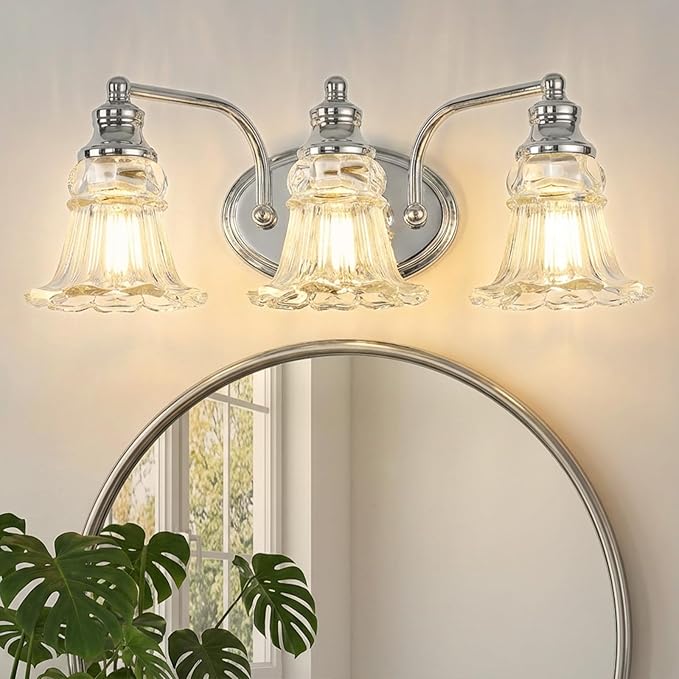 3-Light Bathroom Light Fixtures Over Mirror, Vintage Vanity Lights with Clear Floral Glass Shades, Chrome