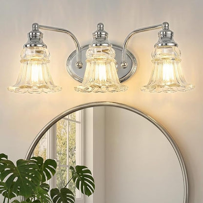 3-Light Bathroom Light Fixtures Over Mirror, Vintage Vanity Lights with Clear Floral Glass Shades, Chrome