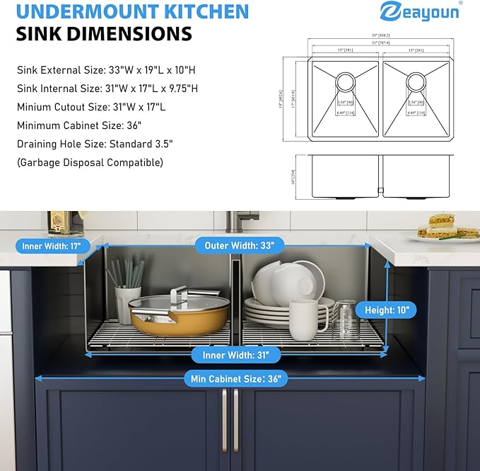 33 Inch Gunmetal Black Undermount Double Bowl Kitchen Sink 16 Gague Stainless Steel Double Handmade Sinks 50/50 Large Deep Double Bowl Sinks 33"x19"x10"