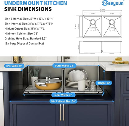 33 Inch Gunmetal Black Undermount Double Bowl Kitchen Sink 16 Gague Stainless Steel Double Handmade Sinks 50/50 Large Deep Double Bowl Sinks 33"x19"x10"