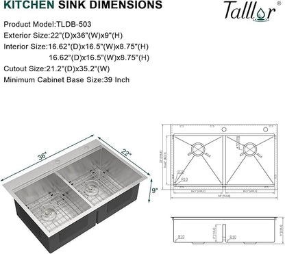 36 Inch Drop-In Double Bowl Kitchen Sink, 50/50 Low Divide 16 Gauge 304 Stainless Steel Workstation All-In One Large Sink with Accessories, Brushed Finish #TLDB-503