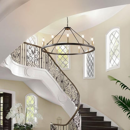12-Light Black and Gold Chandelier, Farmhouse Entryway Wagon Wheel Chandelier, Round Chandeliers for Dining Room, Rustic Kitchen Island Iight Fixtures, Foyer Chandeliers for High Ceilings