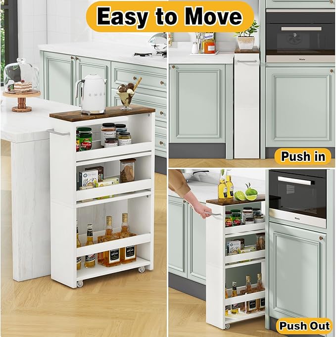 IBUYKE Slim Storage Cart, 4-Tier Skinny Rolling Cart, 5.9" Narrow Utility Trolley with Handle & Lockable Wheels,Thin Shelf for Kitchen, Laundry Room, Bathroom, Small Spaces,Space-Saving WST005W