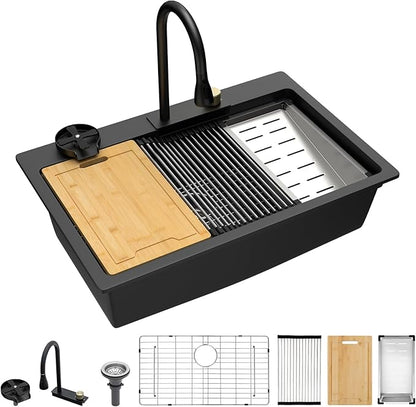 Lordear Granite Composite Kitchen Sink With Waterfall Faucet 33x22 Inch Drop In Kitchen Sinks Black Quartz Single Bowl Multifunctional Workstation Topmount Sink