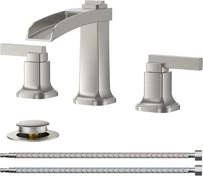 FORIOUS Brass Bathroom Faucets 3 Hole, Modern Waterfall Widespread 8 Inch Brushed Nickel Bathroom Sink Faucet with Metal Pop-up Drain and Pre-Assembled Hose for Vanity, Restroom, Bathtub