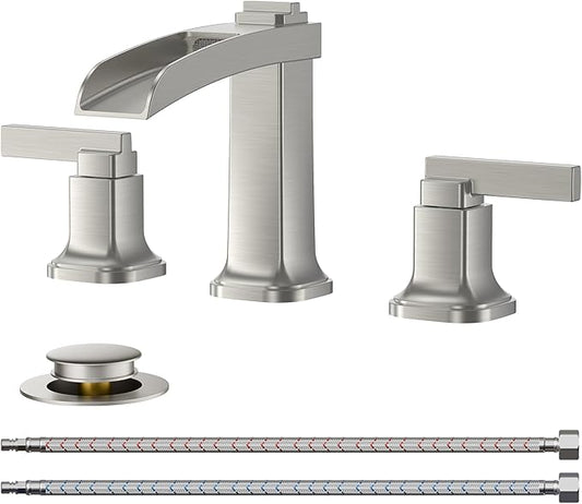 FORIOUS Brass Bathroom Faucets 3 Hole, Modern Waterfall Widespread 8 Inch Brushed Nickel Bathroom Sink Faucet with Metal Pop-up Drain and Pre-Assembled Hose for Vanity, Restroom, Bathtub