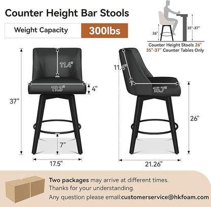 Counter Height Bar Stools Set of 4, Modern Swivel Barstools with Back and Wood Legs, Faux Leather Upholstered Bar Chairs, 26" H Kitchen Counter Stools, Kitchen Island Home Bar, Black Grey