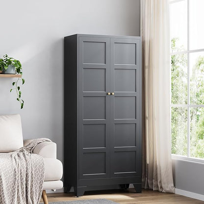 Yizosh Metal Pantry Cabinet,- 72" Black Kitchen Pantry Storage Cabinet with Doos and Adjustable Shelves for Kitchen, Living Room,Dining Room,Home