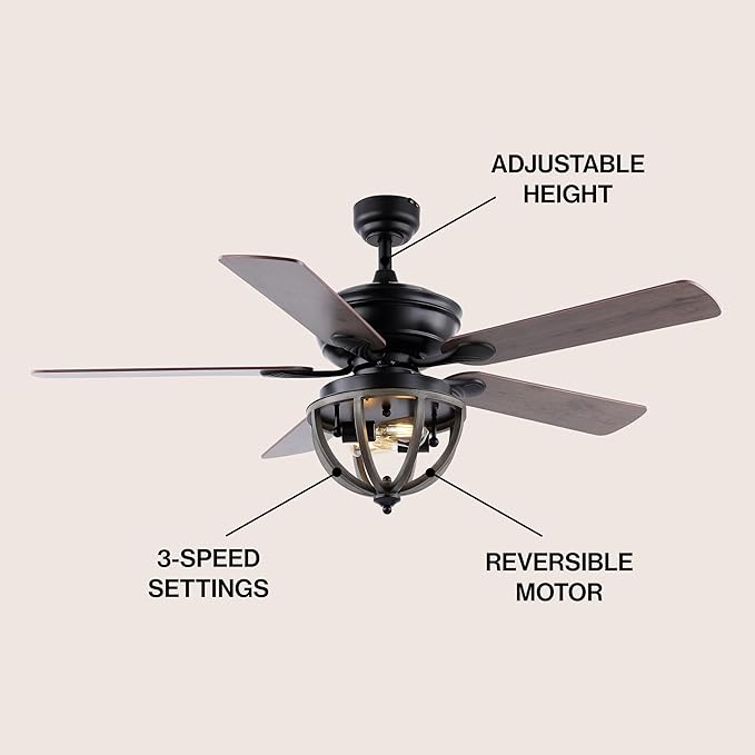 JONATHAN Y 52" Black 2-Light Iron LED Ceiling Fan with Remote, 5 Reversible Ashwood/Coffee Brown Blades, Farmhouse Industrial Metal Dome Shade, ETL Listed, LED Bulbs Included JYL9613A