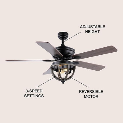 JONATHAN Y 52" Black 2-Light Iron LED Ceiling Fan with Remote, 5 Reversible Ashwood/Coffee Brown Blades, Farmhouse Industrial Metal Dome Shade, ETL Listed, LED Bulbs Included JYL9613A
