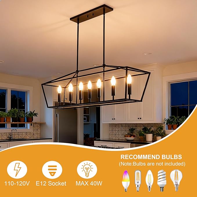 VINLUZ 7 Light E12 Dining Room Lighting Fixtures Hanging Farmhouse Chandelier in Matte Black Finish Modern Pendant Lighting Adjustable Height for Bedroom Living Room Hallway