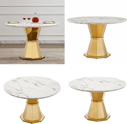 47" Round Marble Dining Table for 4-6, Luxury Modern Kitchen Table with Marble Grain MDF Tabletop & Gold Mirrored Stainless Steel Pedestal Base, Grey Stone Dinner Table for Dining Room (Table Only)