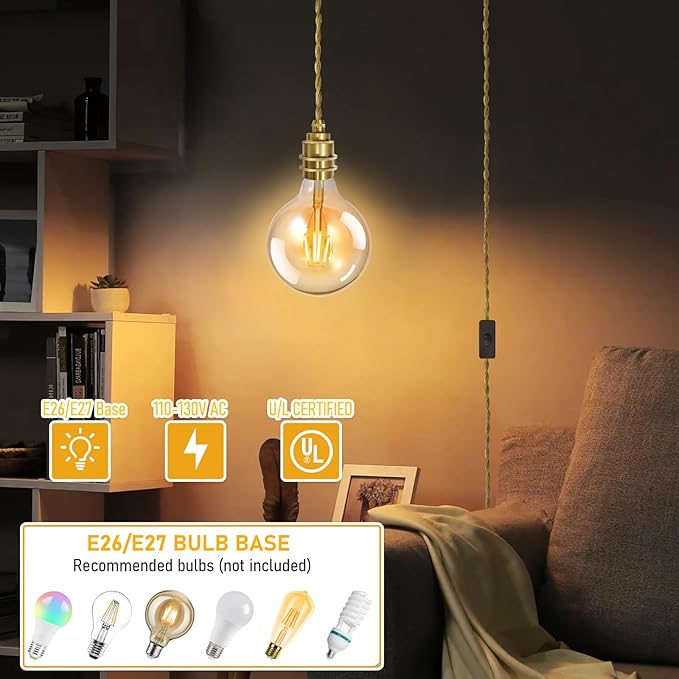 2Pack Gold Plug in Pendant Light Cord 16.4ft Hanging Lights Fixtures with Plug in Cord Rope Pendant Lamp Kit with Switch Vintage E26 DIY for Bedroom Living Room, Bulb Not Included
