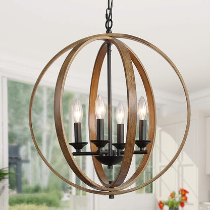 LOG BARN 20'' Farmhouse Chandelier, Faux-Wood Hanging 4-Light Fixture for Dining & Living Room, Bedroom, Foyer and Entryway