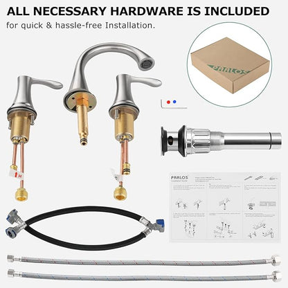 PARLOS Widespread 2 Handles Bathroom Faucet with Metal Pop Up Sink Drain and cUPC Faucet Supply Lines, Brushed Nickel, Demeter 13647