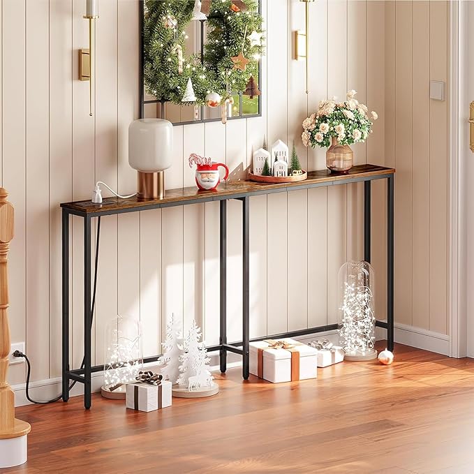 HOOBRO 63" Narrow Console Table with Charging Station, 5.9" Slim Sofa Table Behind Couch, 2 AC Outlets & USB-C Ports, Long Entryway Tables for Small Spaces, Livingroom, Rustic Brown BF165UXG01G1
