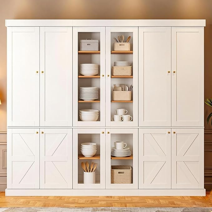 70.8" Tall Farmhouse Kitchen Pantry Cabinet with Glass Doors, Modular Wooden Storage Cabinet with 6-Tier Adjustable Shelves, Hutch for Kitchen or Living Room, Set of 3, White