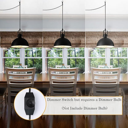 Plug in Pendant Light, Matte Black Haning Light with 19.68 ft Cord, Dimming Switch, Metal Farmhouse Hanging Lamps for Living Room, Kitchen, Dining Room, Bedroom 9.84"