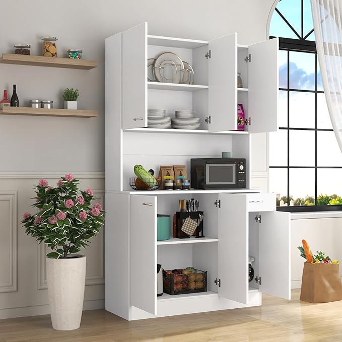 71" Tall Kitchen Pantry Cabinet,Sideboard Buffet Cabinet with 6 Doors and Shelves,Kitchen Island with Microwave Stand,Kitchen Hutch Storage Cabinet with 1 Drawer for Kitchen,Kitchen Cabinet (White)
