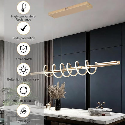 Gold Led Chandelier for Dining Room,Modern LED Chandelier Dining Room Lighting Fixture Dimmable with Remote,Minimalist Kitchen Island Lighting Ceiling Hanging Height Adjustable Music Note Design