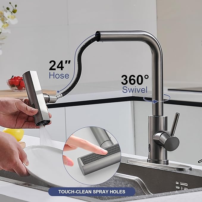 AVSIILE Touchless Kitchen Faucets with Pull Down Sprayer & Soap Dispenser, Waterfall Single Hole & Handle, Pull Out Sink Faucet in Gray, Suitable for Farmhouse Camper Laundry Rv Bar