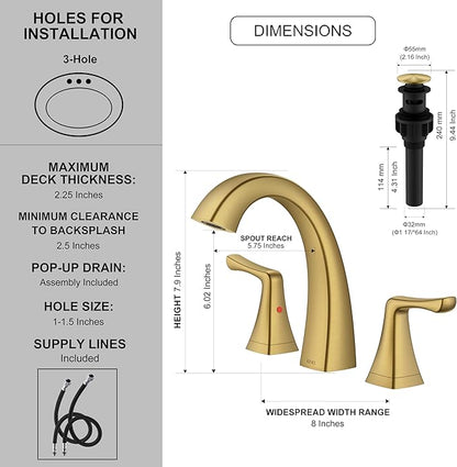 KENES Gold Bathroom Faucets for Sink 3 Hole, Brushed Gold 8 Inch 2 Handle Widespread Bathroom Faucet, Bathroom Vanity Faucet with Pop Up Drain & Supply Lines, LJ-9075-4