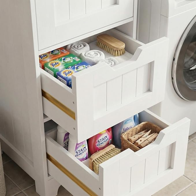 Casaphoria Skinny Bathroom Floor Storage Cabinet, 4-Drawer Narrow Freestanding Tower Cabinet with Anti-Tip Kit, Space-Saving Wooden Organizer for Small Spaces, White