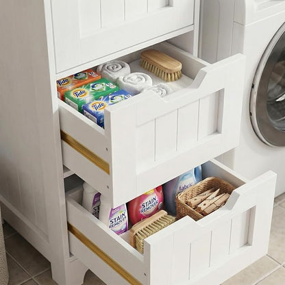 Casaphoria Skinny Bathroom Floor Storage Cabinet, 4-Drawer Narrow Freestanding Tower Cabinet with Anti-Tip Kit, Space-Saving Wooden Organizer for Small Spaces, White