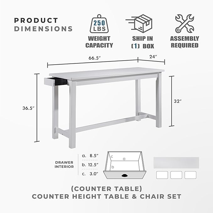 Lexicon Oreille Bar Table with Stools Set, Modern Console Table with Stools - 4-Piece Set with 2 USB Ports & A/C Power Outlets, Counter Height, Discrete Drawer, Perfect Dining Room & Kitchen White