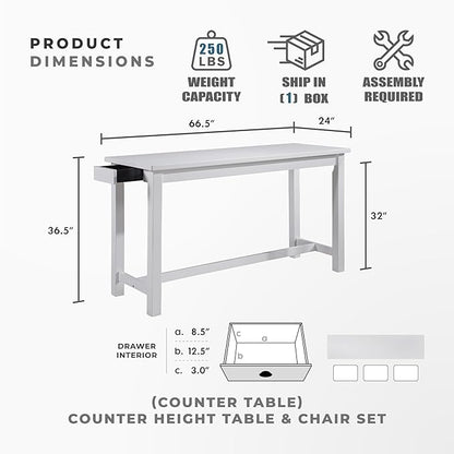 Lexicon Oreille Bar Table with Stools Set, Modern Console Table with Stools - 4-Piece Set with 2 USB Ports & A/C Power Outlets, Counter Height, Discrete Drawer, Perfect Dining Room & Kitchen White
