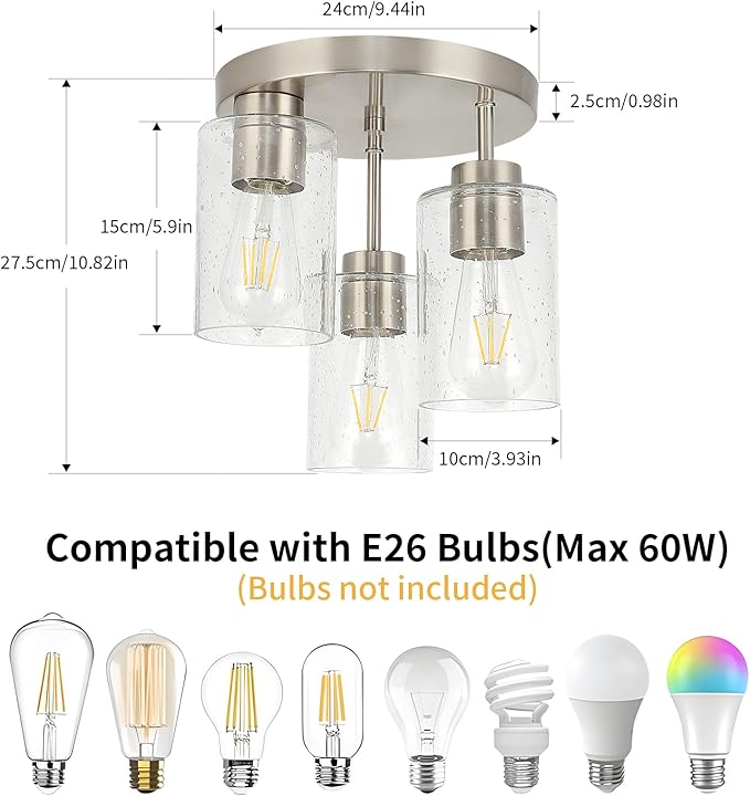 Semi Flush Mount Ceiling Light Fixture Brushed Nickel Flush Mount Ceiling Light with Seeded Glass Shades, 3-Light Modern Ceiling Light for Kitchen Hallway Entryway Island Bedroom