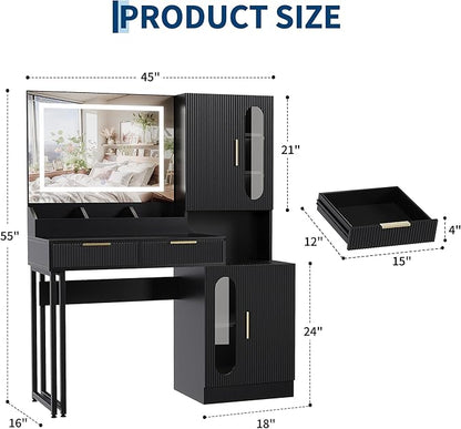 IDEALHOUSE Fluted Vanity Desk with Mirror and Lights, 45" Makeup Vanity with Large Cabinets, Drawers, Dressing Table with 3 Color Lighting Modes, Built-in Charging Station for Bedroom, Black