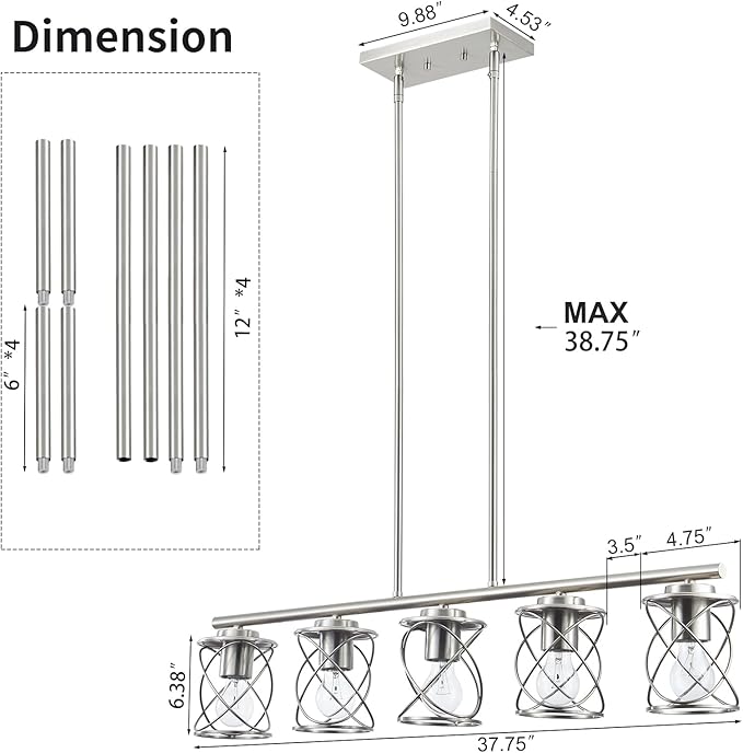 mavcadonf Kitchen Island Light, 5-Light Dining Room Lighting Fixtures Hanging, Farmhouse Linear Pendant Light for Kitchen Island Table Living Room with Adjustable Rods, Brushed Nickel