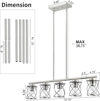 mavcadonf Kitchen Island Light, 5-Light Dining Room Lighting Fixtures Hanging, Farmhouse Linear Pendant Light for Kitchen Island Table Living Room with Adjustable Rods, Brushed Nickel