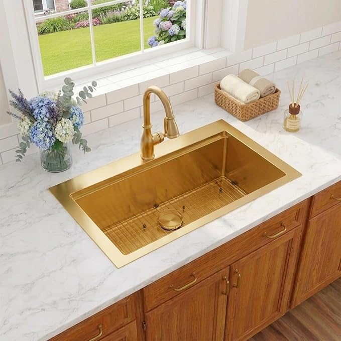 Gold Kitchen Sink 33" X 22",Drop In/Top Mount 16 Gauge Stainless Steel Workstation Sink,Deep & Large Single Bowl Kitchen Sinks (Gold, 33" X 22")