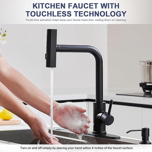 AVSIILE Matte Black Touchless Kitchen Faucets with Pull Down Sprayer & Soap Dispenser, Waterfall Single Hole & Handle, Pull Out Sink Faucet, Suitable for Farmhouse Camper Laundry Rv Bar