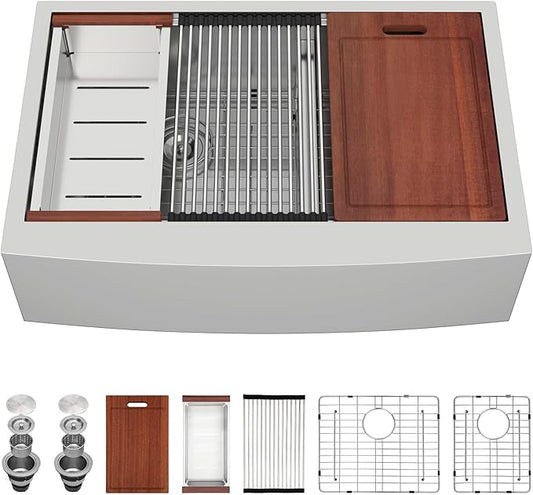 Sarlai 36 Farmhouse Kitchen Sink Double Bowl - 36 x 22 Inch Apron Front Stainless Steel 16 Gauge Ledge Workstation Farmer Sink Undermount Low Divide 60/40 Double Basin Under Counter Kitchen Farm Sinks