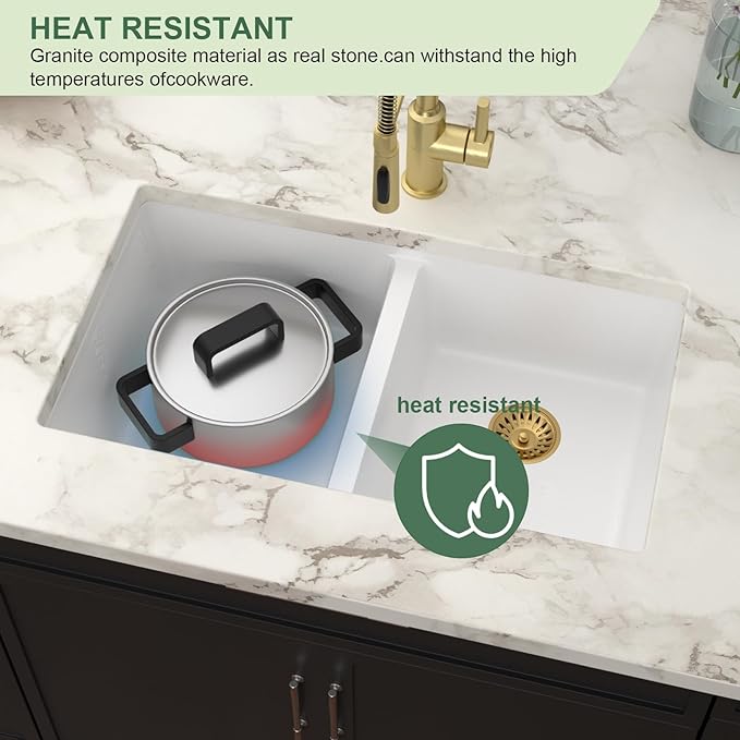 33 Granite Composite Kitchen Sink - Couoko 33x19 Inch Undermount Granite Kitchen Sink White Quartz Sink Under Counter Double Bowl Sink Basin 50/50