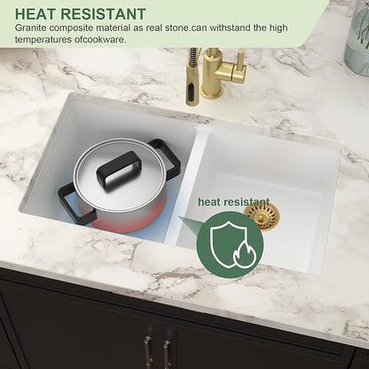 33 Granite Composite Kitchen Sink - Couoko 33x19 Inch Undermount Granite Kitchen Sink White Quartz Sink Under Counter Double Bowl Sink Basin 50/50