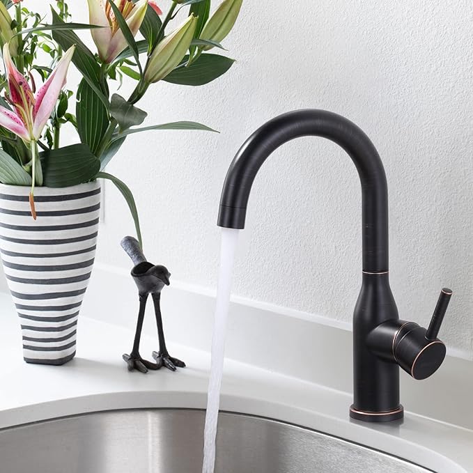 WOWOW 1 Hole Bar Faucet Single Handle Bar Sink Faucet Oiled Rubbed Bronze RV Kitchen Faucet with Supply Hose Small Kitchen Tap