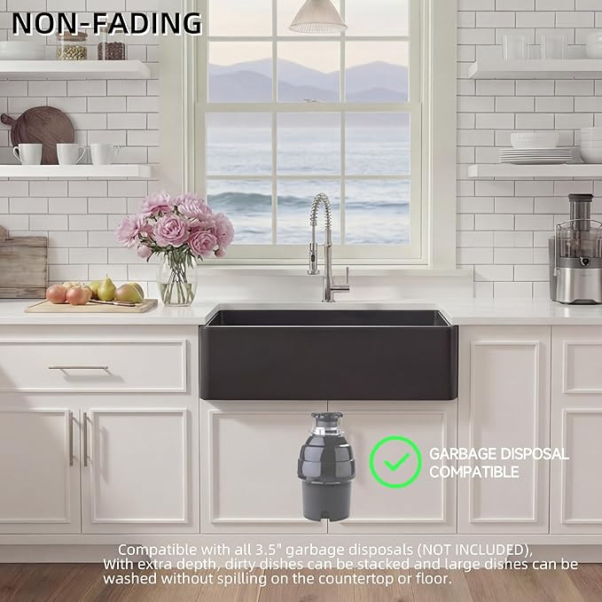 Miuara Black Farmhouse Sink 33 Inch - Large Apron Front Kitchen Sink Single Bowl 33"x18"x10", Undermount Installation, Farm House Style, Heavy Duty Solid Fireclay, Matte Black, for Kitchen