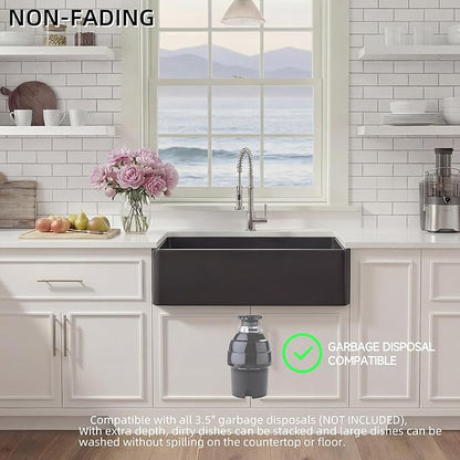 Miuara Black Farmhouse Sink 33 Inch - Large Apron Front Kitchen Sink Single Bowl 33"x18"x10", Undermount Installation, Farm House Style, Heavy Duty Solid Fireclay, Matte Black, for Kitchen
