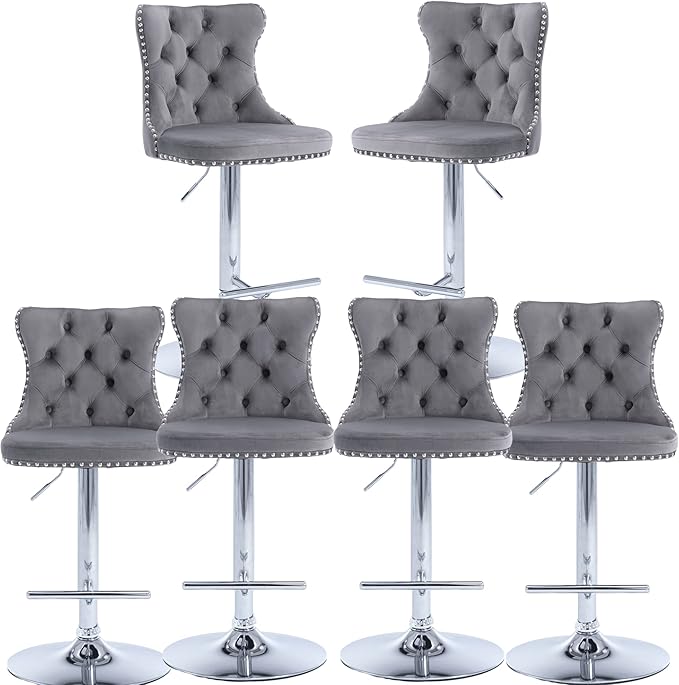 Rhomtree Velvet Swivel Bar Stools Upholstered Bar Stool with Button Tufted Back and Pull Ring Height Adjustable Barstools 25-33 Inch for Home Pub and Kitchen Island (Gray with Silver Base, Set of 6)