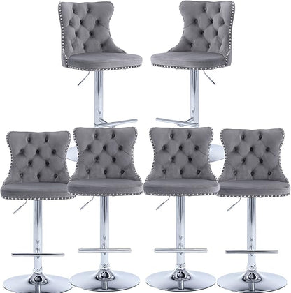 Rhomtree Velvet Swivel Bar Stools Upholstered Bar Stool with Button Tufted Back and Pull Ring Height Adjustable Barstools 25-33 Inch for Home Pub and Kitchen Island (Gray with Silver Base, Set of 6)